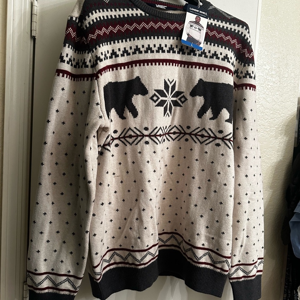 Lands' End Cream and Blue Crewneck Sweater